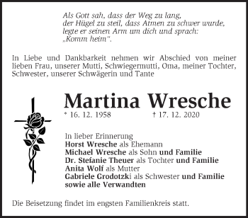 Traueranzeige von Martina Wresche von Märkische Oderzeitung