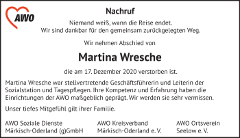 Traueranzeige von Martina Wresche von Märkische Oderzeitung