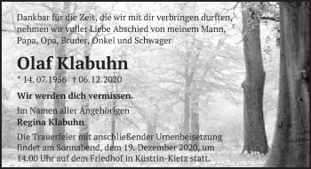 Traueranzeige von Olaf Klabuhn von Märkische Oderzeitung