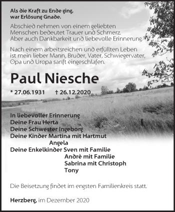 Traueranzeige von Paul Niesche von Märkische Oderzeitung