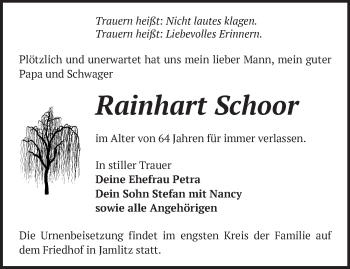 Traueranzeige von Rainhart Schoor von Märkische Oderzeitung