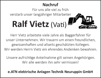 Traueranzeige von Ralf Vietz von Märkische Oderzeitung