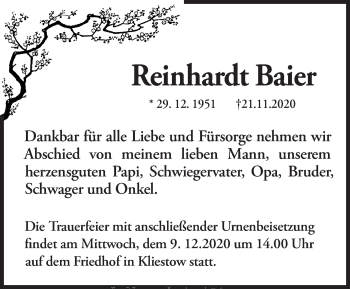 Traueranzeige von Reinhardt Baier von Märkische Oderzeitung