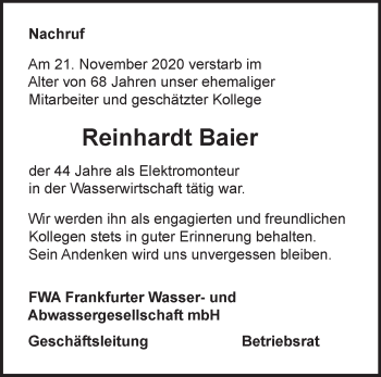 Traueranzeige von Reinhardt Baier von Märkische Oderzeitung