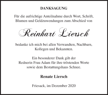 Traueranzeige von Reinhart Liersch von Märkische Oderzeitung