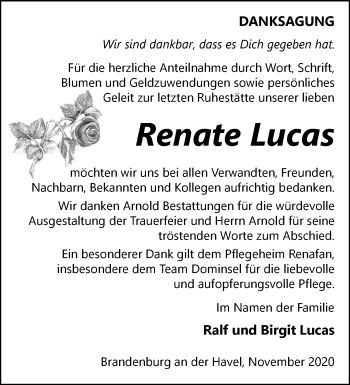 Traueranzeige von Renate Lucas von Märkische Oderzeitung