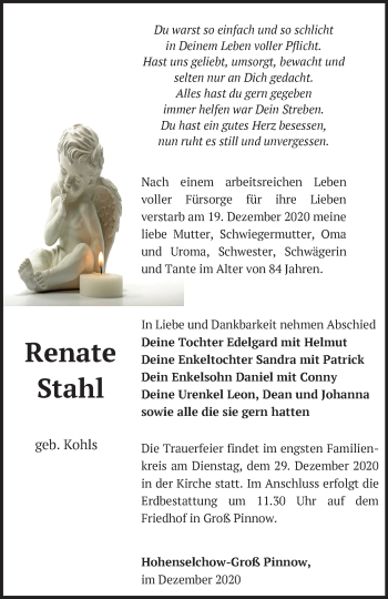 Traueranzeige von Renate Stahl von Märkische Oderzeitung