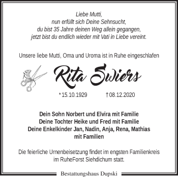 Traueranzeige von Rita Swiers von Märkische Oderzeitung