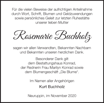 Traueranzeige von Rosemarie Buchholz von Märkische Oderzeitung