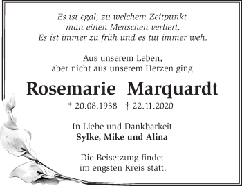 Traueranzeige von Rosemarie Marquardt von Märkische Oderzeitung