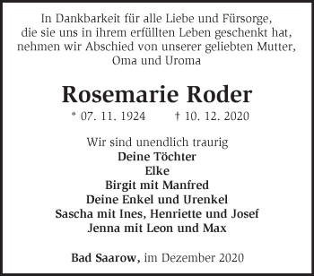 Traueranzeige von Rosemarie Roder von Märkische Oderzeitung