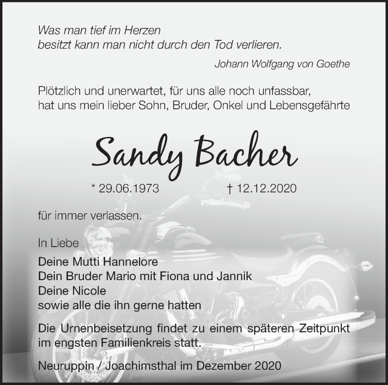  Traueranzeige für Sandy Bacher vom 19.12.2020 aus Märkische Oderzeitung