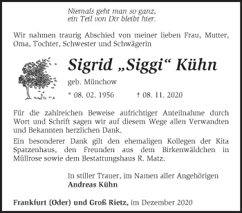 Traueranzeige von Sigrid Kühn von Märkische Oderzeitung