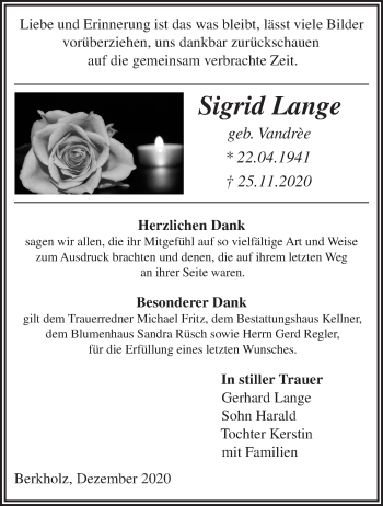 Traueranzeige von Sigrid Lange von Märkische Oderzeitung