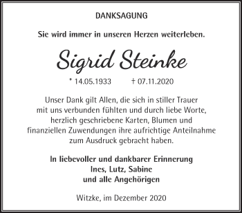 Traueranzeige von Sigrid Steinke von Märkische Oderzeitung