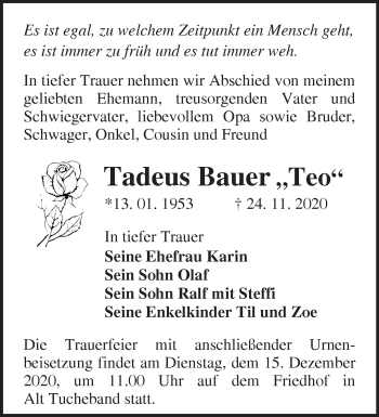 Traueranzeige von Tadeus Bauer von Märkische Oderzeitung