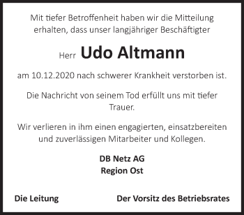 Traueranzeige von Udo Altmann von Märkische Oderzeitung