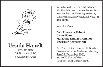 Traueranzeige von Ursula Hanelt von Märkische Oderzeitung