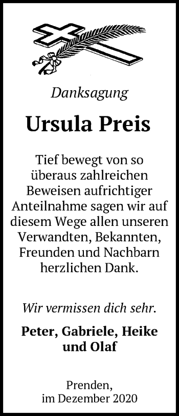 Traueranzeige von Ursula Preis von Märkische Oderzeitung