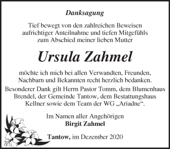 Traueranzeige von Ursula Zahmel von Märkische Oderzeitung