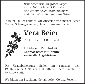 Traueranzeige von Vera Beier von Märkische Oderzeitung