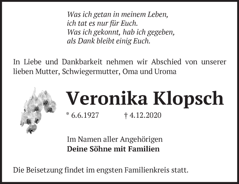  Traueranzeige für Veronika Klopsch vom 12.12.2020 aus Märkische Oderzeitung