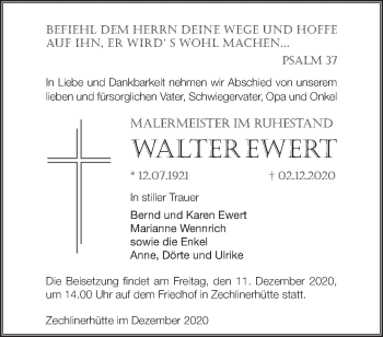 Traueranzeige von Walter Ewert von Märkische Oderzeitung