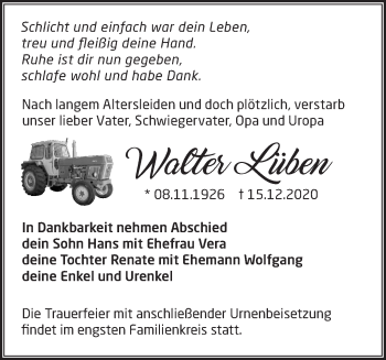 Traueranzeige von Walter Lüben von Märkische Oderzeitung