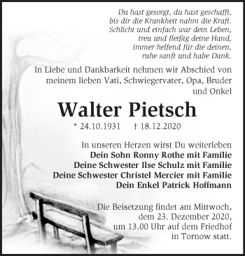 Traueranzeige von Walter Pietsch von Märkische Oderzeitung