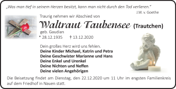 Traueranzeige von Waltraut Taubensee von Märkische Oderzeitung