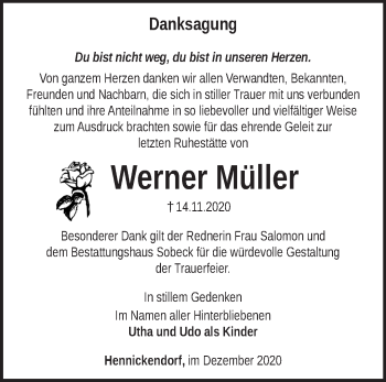 Traueranzeige von Werner Müller von Märkische Oderzeitung