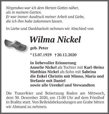 Traueranzeige von Wilma Nickel von Märkische Oderzeitung