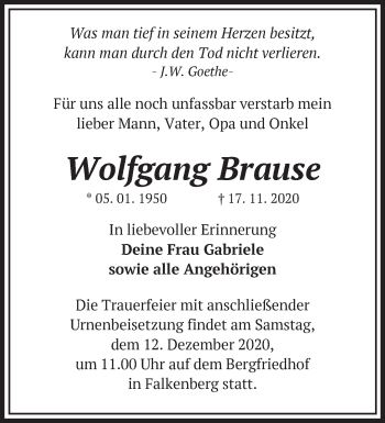 Traueranzeige von Wolfgang Brause von Märkische Oderzeitung