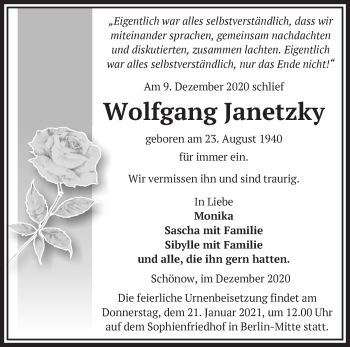 Traueranzeige von Wolfgang Janetzky von Märkische Oderzeitung