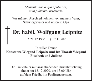 Traueranzeige von Wolfgang Leipnitz von Märkische Oderzeitung