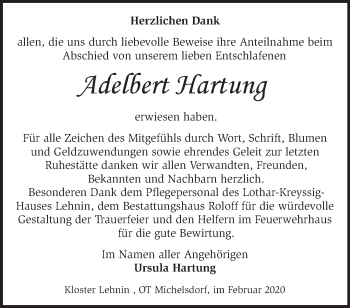 Traueranzeige von Adelbert Hartung von Märkische Oderzeitung