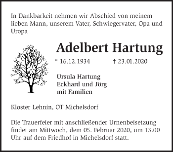 Traueranzeige von Adelbert Hartung von Märkische Oderzeitung