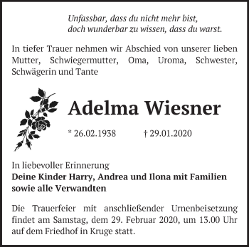 Traueranzeige von Adelma Wiesner von Märkische Oderzeitung