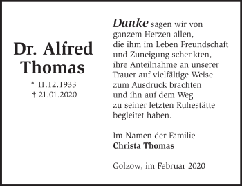 Traueranzeige von Alfred Thomas von Märkische Oderzeitung