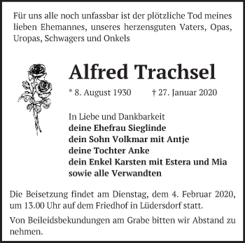 Traueranzeige von Alfred Trachsel von Märkische Oderzeitung