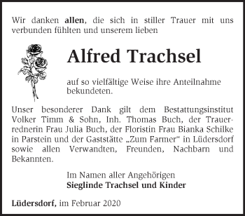 Traueranzeige von Alfred Trachsel von Märkische Oderzeitung