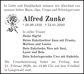 Traueranzeige von Alfred Zunke von Märkische Oderzeitung