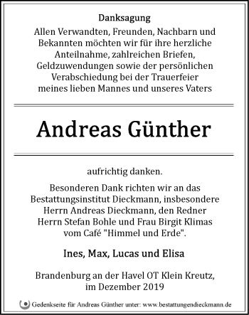 Traueranzeige von Andreas Günther von Märkische Oderzeitung