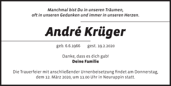 Traueranzeige von André Krüger von Märkische Oderzeitung