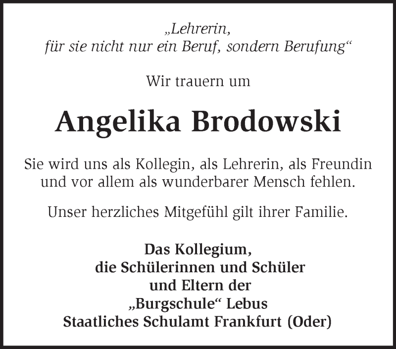  Traueranzeige für Angelika Brodowski vom 08.02.2020 aus Märkische Oderzeitung