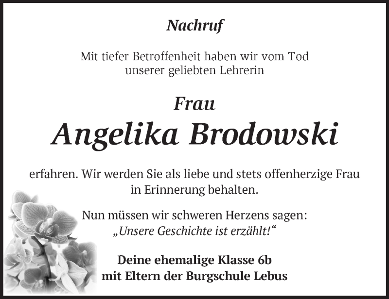 Traueranzeige für Angelika Brodowski vom 01.02.2020 aus Märkische Oderzeitung