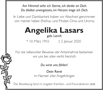 Traueranzeige von Angelika Lasars von Märkische Oderzeitung