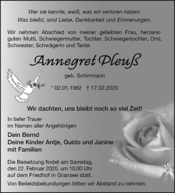 Traueranzeige von Annegret Pleuß von Märkische Oderzeitung