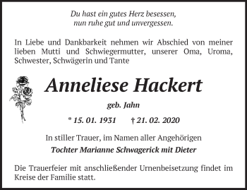 Traueranzeige von Anneliese Hackert von Märkische Oderzeitung