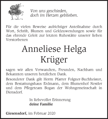 Traueranzeige von Anneliese Helga Krüger von Märkische Oderzeitung